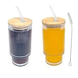 Picture of ASMEFY 2-Pack Ribbed Glass Tumblers with Lids and Straws - 16oz Iced Coffee Cups, Reusable Glass Cups with Bamboo Lids Set for Tea, Matcha, Cocktails & Sparkling Water - Gift for Christmas, Birthdays