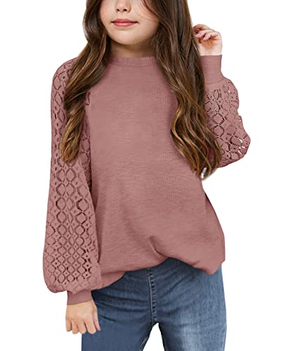 Apbondy Girls Long Sleeve Shirts Casual Crew Neck Lace Loose Blouse Tops