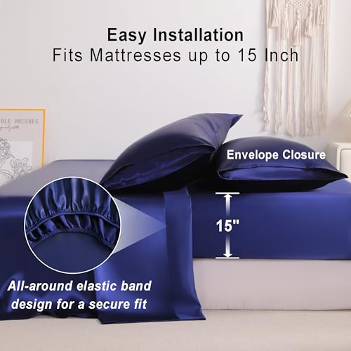 NTBAY King Satin Sheet Set, 4 Piece, Navy Blue - image 5