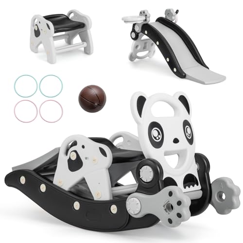 RELAX4LIFE 5 in 1 Set Cavallo a Dondolo con Scivolo e Canestro da Basket e Palla e Lancia di Anelli, Struttura Stabile...