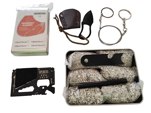 Emergency Fire Stater 6 Bags Magnesium Ferro Striker Saw Wire Multi Purpose Tool Blanket Wax Rope Camping Hiking Bushcraft + 1 Free Tin Can (Mg + FerroStriker + Tool + Saw + Blanket + Knife)