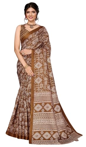 TRAFAART Sari Pour Femme Robe Sari Indienne Marron Imprimée En Soie Artistique Avec Chemisier Non Cousu-Brun