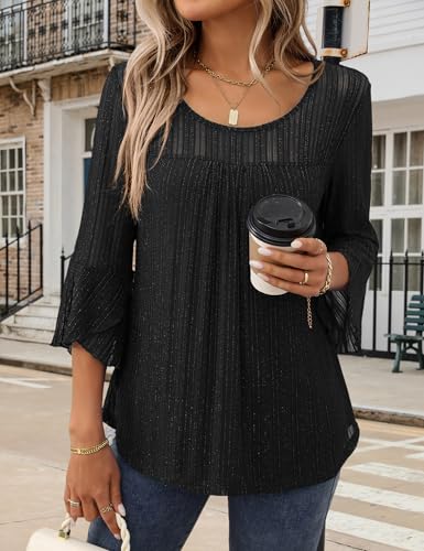 Heersan Camisas para Mujer Elegante Manga 3/4 Cuello Redondo Blusa Suelta Transpirable con Volantes Camiseta Ligera para Primavera Verano Otoño