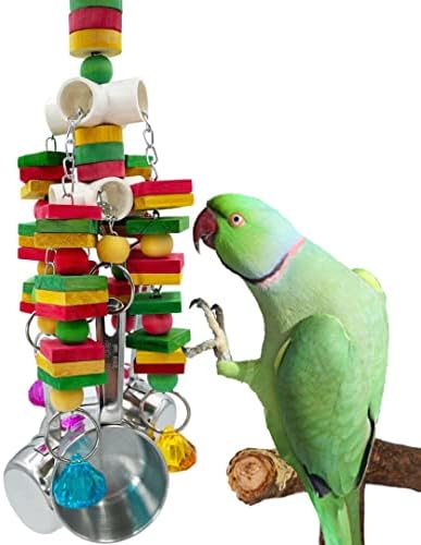 GILYGI Large Parrot Toy, Multicolored Natural Wooden Strings and Stainless Steel Cups Bird Chewing Toys for Medium and Large Parrot Macaws African Grey Cockatoos Eclectus