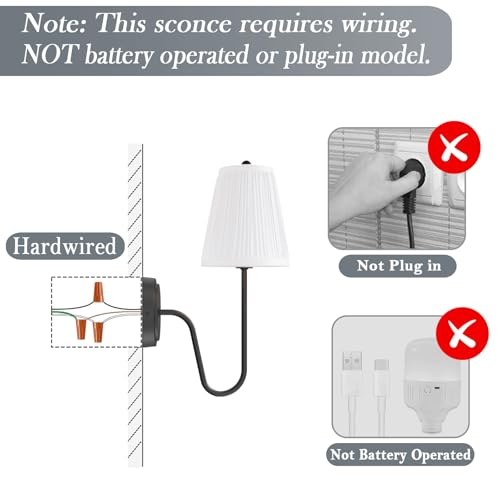 Image of Electro bp; Elegant Single Wall Sconces White Pleated Fabric Lamp Shades with Black Curved Metal Arm Silk Cover Wall Lighting,E12,40W,Hardwired(Set of 2);