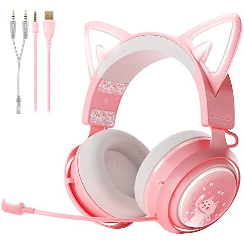 SOMiC Gaming Headphone with Mic, Cat Ear Headphones, 3.5mm Wired Headphones with Retractable Mic Noise Cancelling, for Xbox One, PS5, PS4, PC, Pink Cover