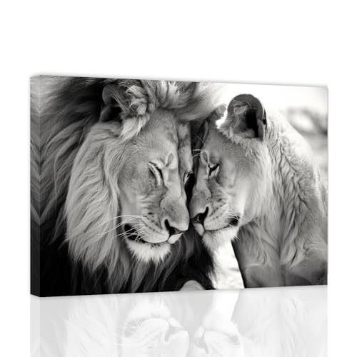 ZXHYWYM Lion and Lioness Wall Art Black and White Lion Picture Wildlife Painting Animal Canvas Artwork Modern Home Living Room Wall Decor Frame (B, (30.00 x 45.00 cms))