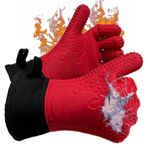 Ekogrips+ Premium Silicone Oven Mitts - Comfy, Waterproof, Heat Resistant BBQ Gloves for Grilling, Long Cuff for Added Protection, 5 Finger Dexterity, 3 Sizes, 4 Colors, L/XL, Red
