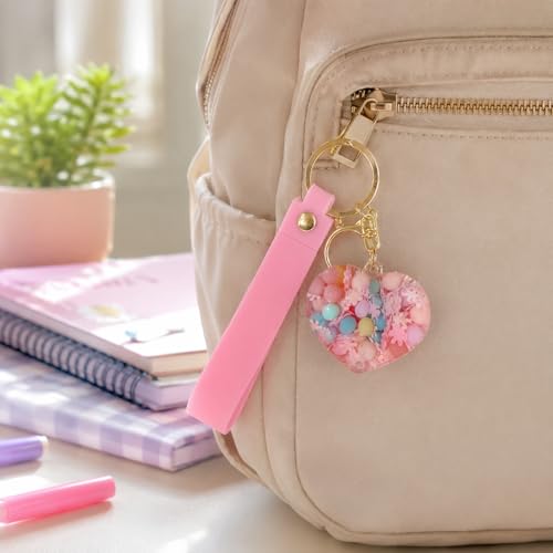 Image of Wanna Party Heart Shaped Beads Keychain with Pink Wrist Strap, Cute Bag Charm Key Ring for Girls, Backpack Accessories, Birthday Return Gifts, Party Favors, School Bag Decoration - 1PC