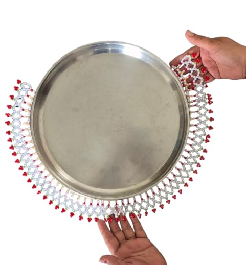 Handcrafted Moti Thali Mahirap - Traditional White and Red Beaded Thali Border for Diwali, Weddings & Pooja Decoration | Decorative Beadwork Accessory for Steel Thali-image-4