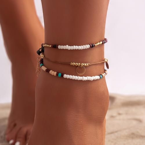 Image of Qceasiy Bead Ankle Bracelets Set For Women, Adjustable Boho Shell Anklet, Hawaiian Beach Seashell Pearl Disc Starfish Conch Foot Jewelry, Summer Fashion Gifts(Disc Bead 3Pcs)