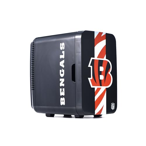 Image of Ukonic NFL Cincinnati Bengals 15-Can Mini Fridge 10L - AC /DC Powered, Official Team Colors & Logo, Portable Cooler for Tailgates, Home, Office, or Car