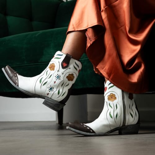 Old Gringo Rosemary Western Boots, White with Yellow Floral Embroidery, Leather, Side Zipper, Pointed Toe, Ankle-High Cowboy Style2