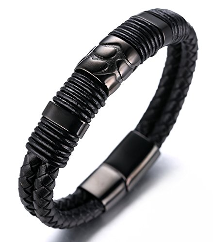 Halukakah ? Volcán ? Pulsera Hombre Cuero Genuina Cierre Magnético Titanio Acero Inoxidable Negro 8.46
