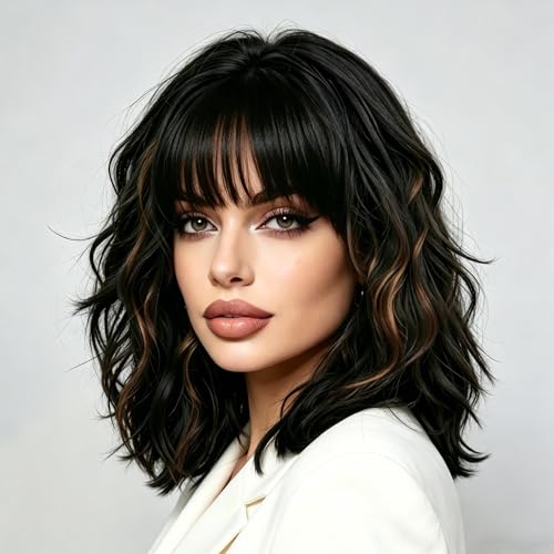 andromeda Black Mixed Brown Wavy Wig with Bangs Soft Short Bob Wigs for Women Synthetic Shoulder Length Women's Curly Wigs for Costumes Cosplay Daily (Black Mixed Brown)