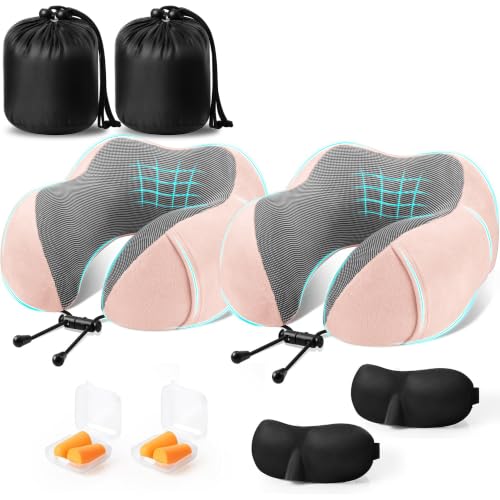 Image of CloudBliss Memory Foam Travel Neck Pillow Airplane, Set of 2, Pink & Pink