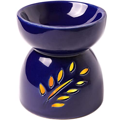 Classic Leaf Carving Blue Ceramic Essential Oil Burner Candle Tea Light Candle Holder Fragrance Essential Wax Burner, Great Candle Lamps Decoration For Living Room, Balcony And Garden #TOP6