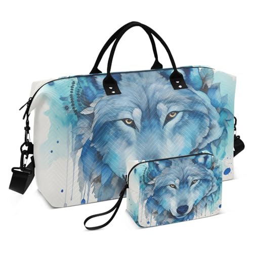 Large Travel Duffel Bag, Watercolor Face Wolf Sports Tote Gym Bag, Shoulder Weekender Overnight Bag for Women Men, Carry On Luggage with Toiletry Bags