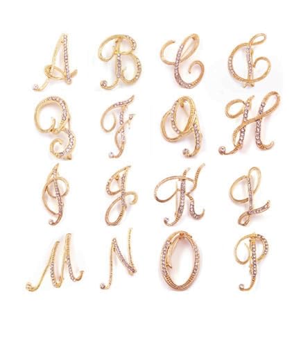 Image of vmcoatdu Women A-Z Initial Pins 26 Letters Pins Gold Plated Metal Brooches Clear Crystal Rhinestone Brooch Breastpin Badge