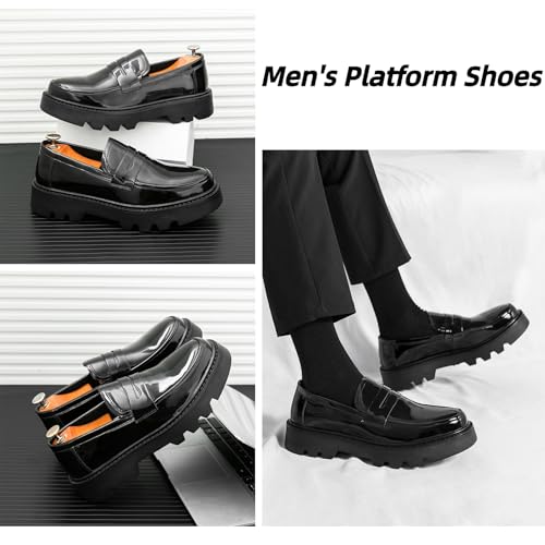 Men's Patent Leather Platform Chunky Slip-On Penny Loafers Classic Round Toe Lug Sole Business Casual Formal Work Dress Shoes3