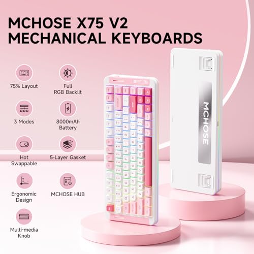 Image of MCHOSE X75 V2 Wireless Mechanical Keyboard Volume Knob, Tri-Mode BT5.0 /2.4GHz /USB-C Hot Swappable Custom Keyboards, Linear Switch Creamy Keyboards, RGB Gaming Keyboard for PC /Tablet /PS /Xbox, Pink