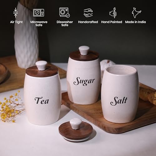 Image of Ceramic Tea Sugar Salt Containers Set of 3 with Wooden Lids | Jar and Container for Kitchen Storage Set | Multi Utility Air Tight Kitchen Organizer Items (Hand-Painted, 400 ML)