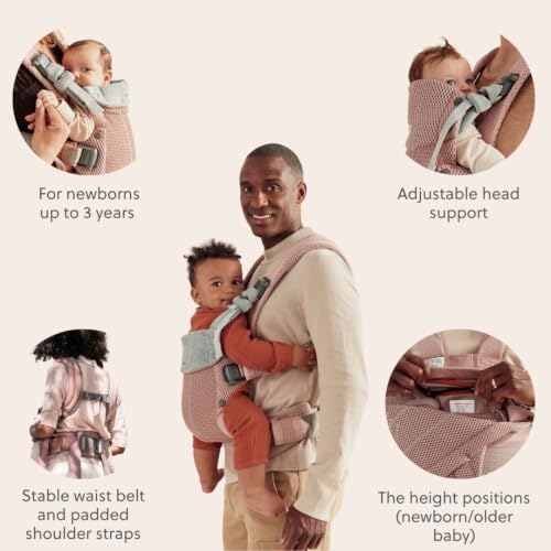 Image of BabyBjorn Baby Carrier Harmony, Dusty Pink, 3D Mesh | 3-in-1 Ergonomic Baby Carrier; Newborn, Facing-in, Outward-Facing, and Back Carrying Positions Supported (7-40 lbs), Newborn to Toddler