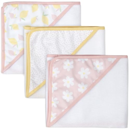 Image of Jessica Simpson Baby 6-Piece Hooded Towel & Washcloth Set - Soft Polyester Bath Towels - Pink Stars & Hearts Design (Lemons & Floral)