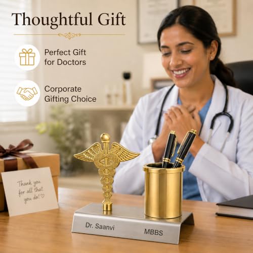 Image of SAVRI Personalized Doctor Symbol Pen Stand -Custom Name Engraved | Stainless Steel with Golden Touch | Customized Desk Organizer Gift for Doctors, Surgeon, Medical Students & Pharma Corporate Gifting