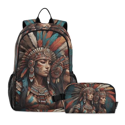 Two Tribal Woman Backpack Lunch Bag Set for Travel Hiking Picnic, Backpacks with Insulated Lunch Box
