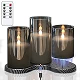 GenSwin Rechargeable Candles with Remote Timer, 3 Pack Glass Flameless Candles with Charging Base, Black LED Candles Flickering Battery Operated for Halloween Home Decorations(Set of 3, D3” x H4”5”6”)
