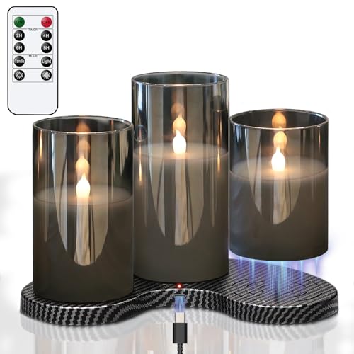 GenSwin Rechargeable Candles with Remote Timer, 3 Pack Glass Flam...