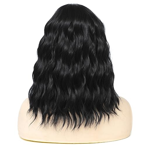 Image of Rose bud Wavy Bob Wig Natural Wig Natural Black Synthetic Hair Shoulder Length Short Curly Middle Part Lace Front Wigs for Women