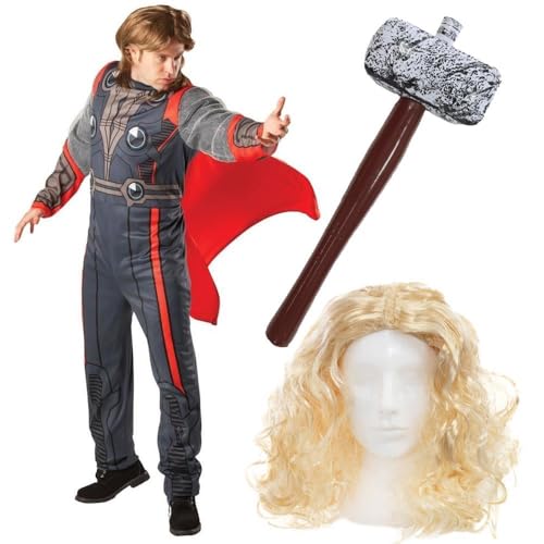 Disfraz de Thor del Dios del Trueno para adultos, disfraz azul marino y rojo con capa, peluca larga rubia, martillo inflable, disfraz de Halloween para adultos