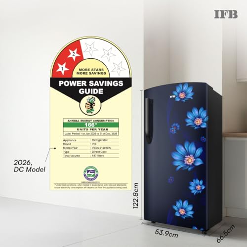 Image of IFB 187L 2 Star Direct-Cool Single Door Refrigerator with 30 Hrs Cooling Retention, Big Vegetable Box, XL Bottle Bin & 4 Year Super Warranty (2026, IFBDC-213BXBWE, Wild Flower Blue)