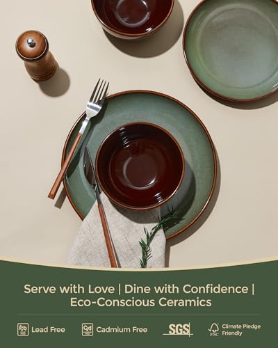 Image of 32 Piece Double Bowl Dinnerware Sets with Pasta Bowls, Highly Chip and Crack Resistant Plates and Bowls Sets, Natural Earthyware Ceramic Dishware Sets, Service for 8 Sage Green