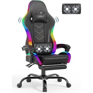 Devoko LED Gaming Stuhl mit Massage, Computerstuhl mit Fußstütze Massage-Lendenkissen, Racing Gamer Stuhl Ergonomisch mit Verstellbare Kopfstütze, Bürostuhl Gaming Stuhl 180 kg belastbarkeit,Schwarz