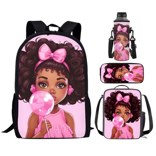 TSOVTHRID Juego de 4 mochilas para niñas africanas, incluye bolsa de viaje, bolsa de almuerzo, estuche para bolígrafos, funda para botella de agua, African Girl - 4