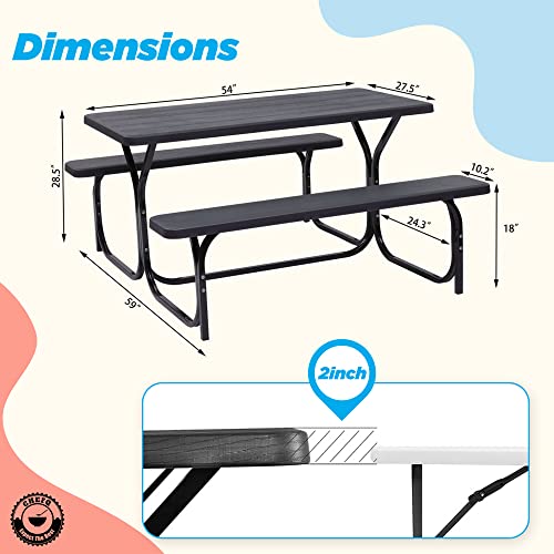 Chefq All Weather Outdoor Picnic Table With Two Benches And Sturdy Steel Frame. Perfect For Lawns, Patio, And Poolside Dining Black #TOP4