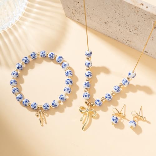 3PCS Beads Bow Charm Bracelet for Women Dainty Flower Beaded Necklace and Earrings Set Handmade Stretch Gold Vintage Coquette Jewelry Gifts4
