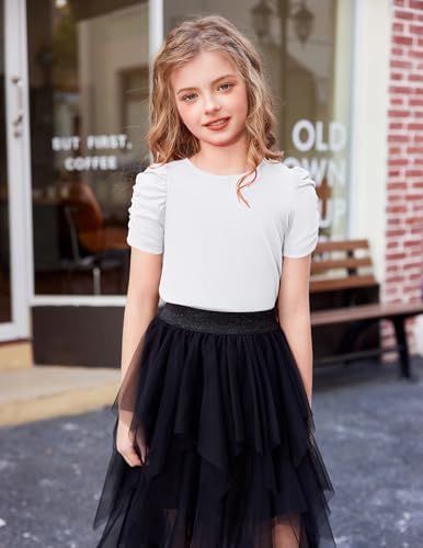 Image of Arshiner Girls Puff Short Sleeve Shirts Summer Ribbed Knit Crewneck T Shirt Tops Tee Blouse