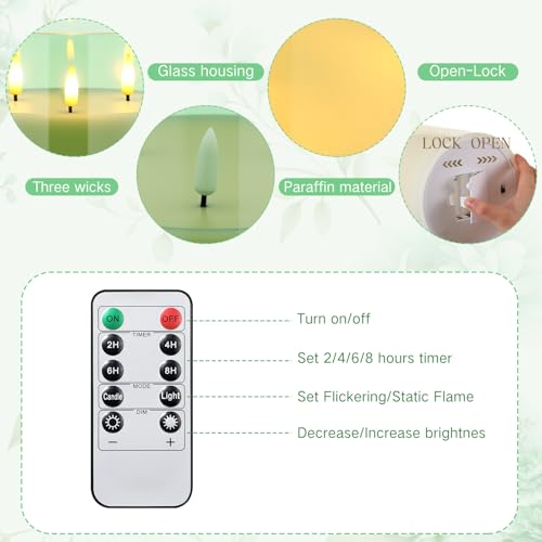 Image of Retisee 6'' x 6'' Extra Large Flameless Candles, 3 Wick Glass Large Fall Candles with Remote Control and Timer Function, Real Wax LED Pillar Flickering for Autumn Party Decor(Classic,Green,1 Pcs)
