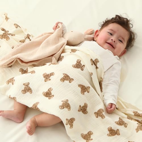 Image of insular Muslin Swaddle Blankets for Boys Girls, 2 Pack Receiving Baby Blanket Large 47 x 47 inches, Soft Breathable Swaddling Wrap for Unisex Newborn, Teddy Bear&Floral