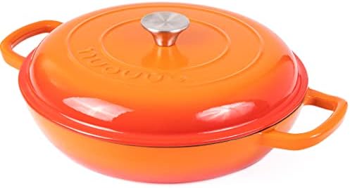 Shallow Cast Iron Casserole with Lid – Non Stick Dutch Oven Pot, Oven Safe up to 500° F – Sturdy Ovenproof Stockpot Cookware – Enamelled Cooking Pot – Orange, 3.7-Quart, 30cm – by Nuovva