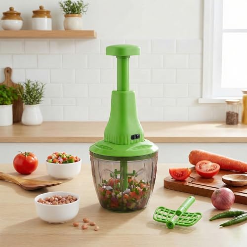 Image of Chopper for Kitchen Use | 1100 ml Round Push Chopper with 5 Blades and Whisker | Chopping Vegetables & Fruits, Onion, Ginger, Garlic, Salad, Tomato, Potato (Green)