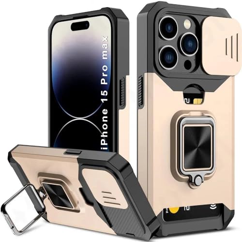 Image of LuxuryKase Shockproof Armor Case for iPhone 15 Pro Max | Slide Camera Cover | Hidden Card Slot | Rotating Ring Kickstand | Magnetic Car Mount Support | Military Grade Protection - Gold