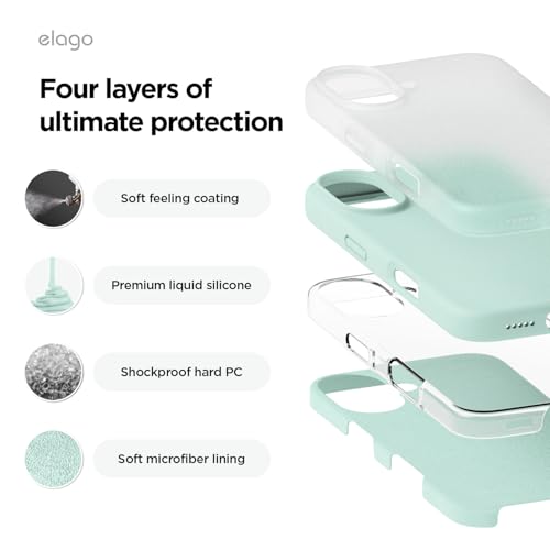 Image of elago Compatible with iPhone 16 Case, Premium Liquid Silicone Case, Full Body Protective Cover, Shockproof, Slim Phone Case, Anti-Scratch Soft Microfiber Lining, 6.1 inch (Mint)