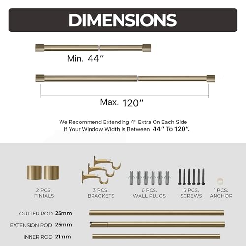 Image of Deco Window Adjustable Curtain Rod for Windows 44 to 120 Inch (Pack of 1) Extendable Heavy Duty 1 Inch Iron Aries with Finials Wall Mounted Curtain Rods (Warm Gold)