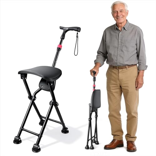 Four-Legged Cane with Seat, Unisex Cane with Seat Folding Lightweight, Adjustable Anti-Slip Cane Chair, Walking Cane with Seat Suitable for Men, Women, Adults and Seniors (Seat Height 19.69 in) by HZZEDNG - Used condition - US$90.00