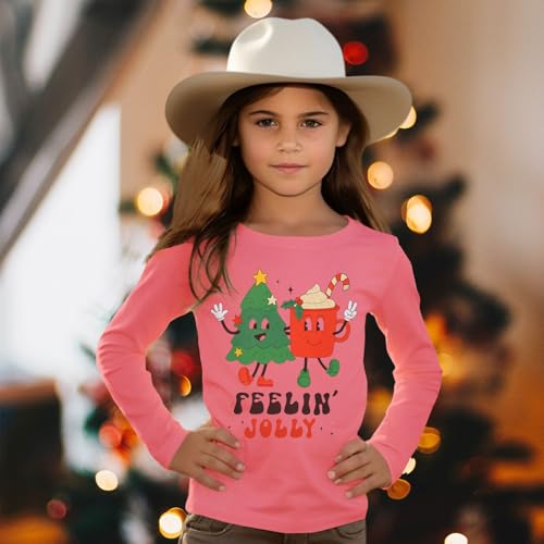 Boys Girls Christmas Shirt Long Sleeve Feelin' Jolly Graphic T-Shirt Unisex Kids Xmas Holiday Tops Clothes 7-12 Years2